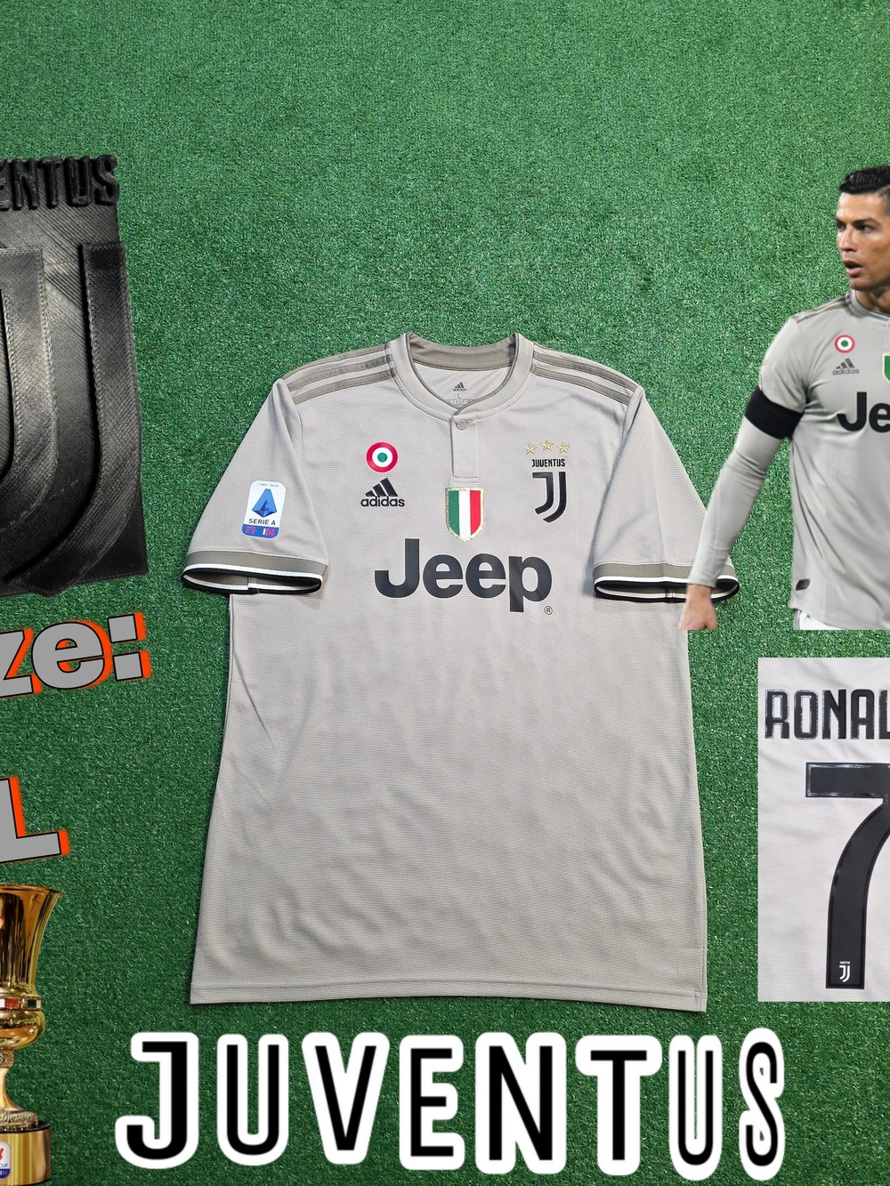 Adidas Juventus FC Cristiano Ronaldo #7 2018/2019 Away Gray Jersey Seria A Large